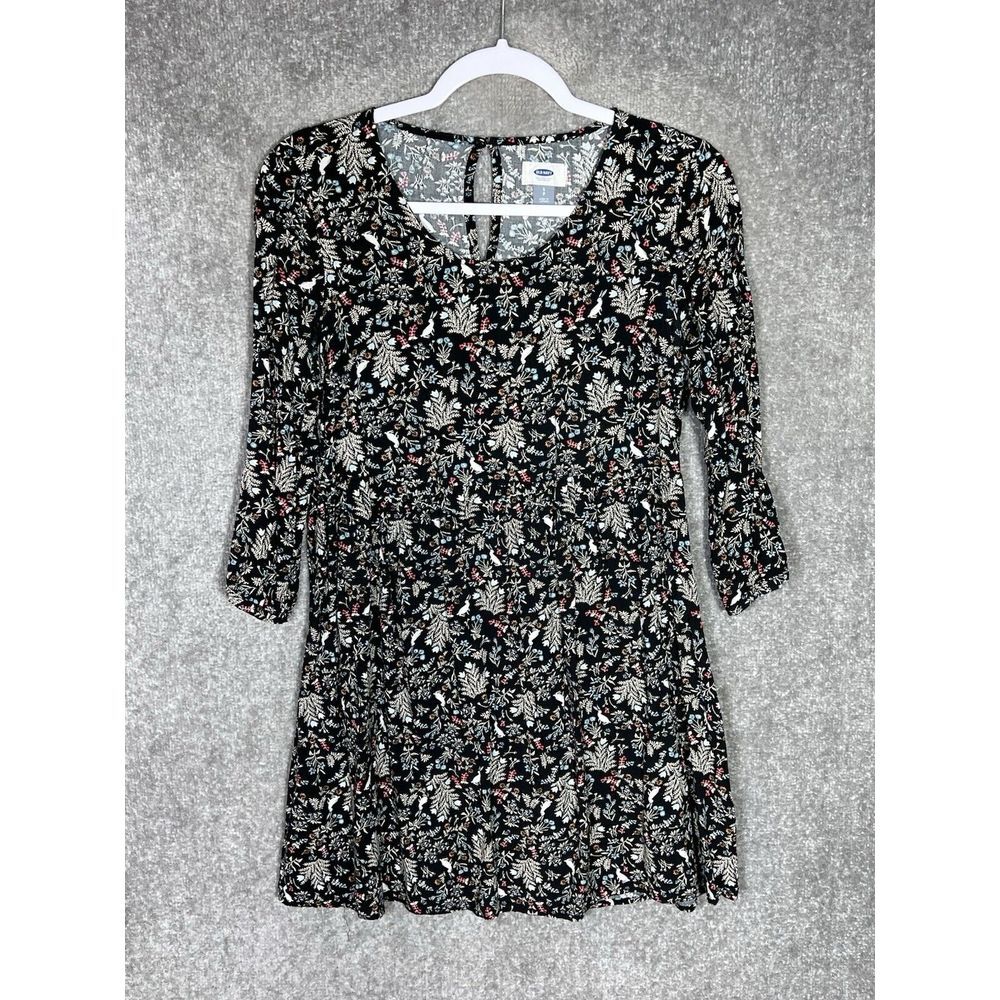 Old Navy Tunic Mini Dress Womens Size Small Black Floral Rabbit Rayon Scoop Neck